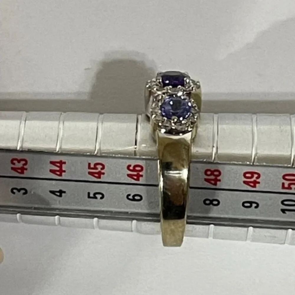 Amethyst, tanzanite, diamond and 14K gold cocktail ring.